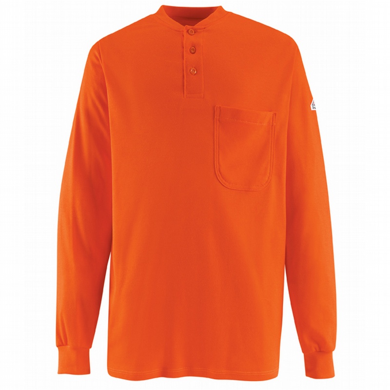 Bulwark Long Sleeve Tagless Orange Henley Shirt - SEL2OR